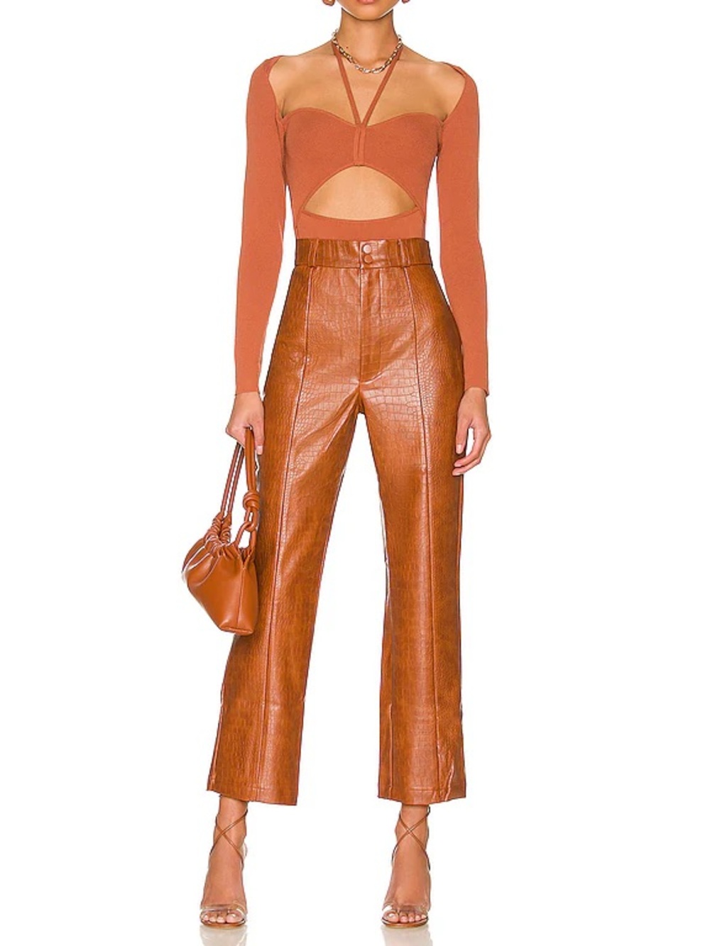 Bardot Cropped Wide-Leg Croc Faux Leather Pants